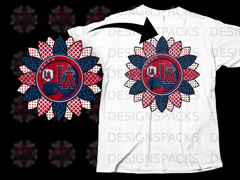 Sunflower design with Los Angeles Angels logo and baseball cap on white t-shirt.