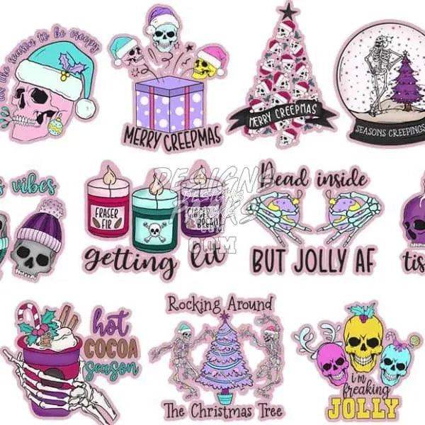 Creepy Christmas designs with skulls, skeletons, and festive phrases for DTF/DTG printing