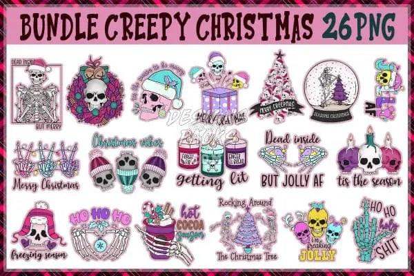 Creepy Christmas bundle with 26 PNG designs featuring skulls, wreaths, and festive phrases for print-ready use.