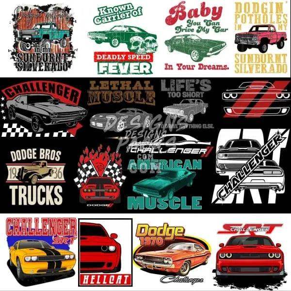 Dodge muscle car designs for DTF/DTG printing, featuring Challenger, Hellcat, and vintage trucks with bold graphics.