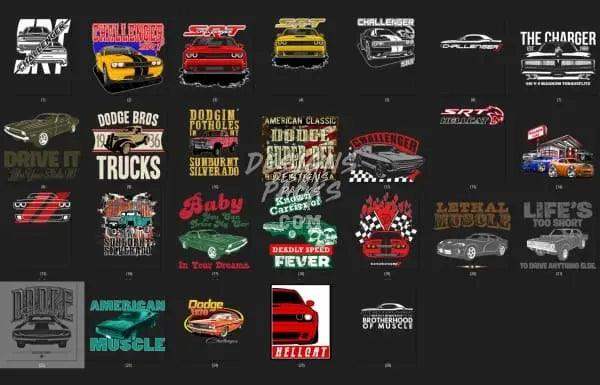 Print-ready car-themed designs for DTF, DTG, embroidery, and tumbler wraps featuring muscle cars and racing graphics.