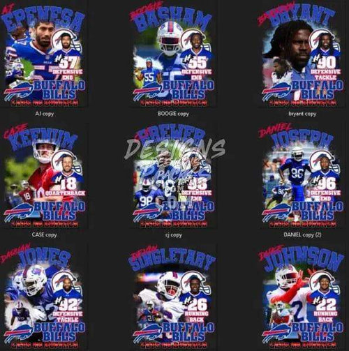 Buffalo Bills football player designs for DTF, DTG, embroidery – print-ready PNG, SVG, PES bundles
