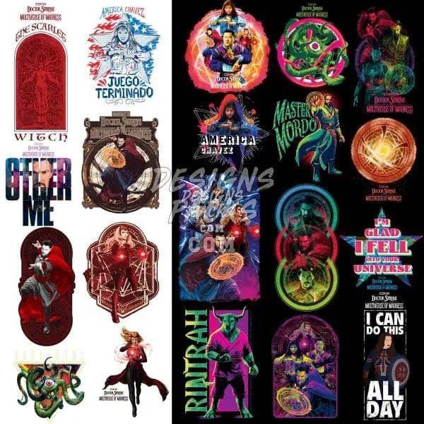 Doctor Strange movie-themed DTF/DTG designs with vibrant characters and quotes for print-ready use.
