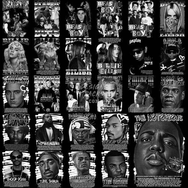 26 Black and White Vintage Music Legends Designs Bundle PNG