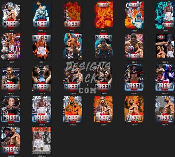 Creed movie-themed print designs for DTF, DTG, embroidery, and tumbler wraps, featuring vibrant artwork and fighters.