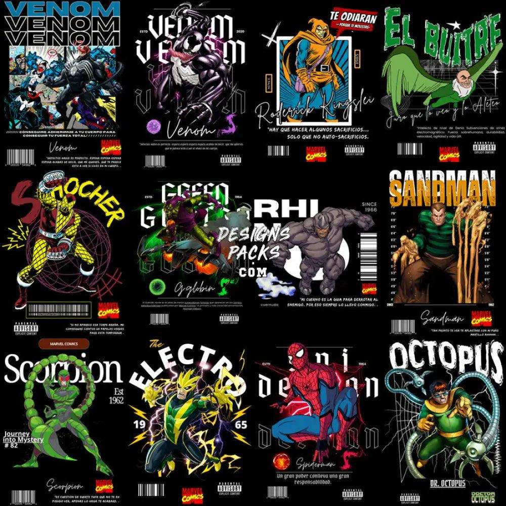 26 Movie Comics Hero Spider Spanish Text Street Wear Designs Bundle Png