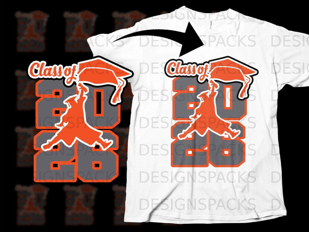 "Class of 2026" graduation design with orange cap and silhouette on a white t-shirt.