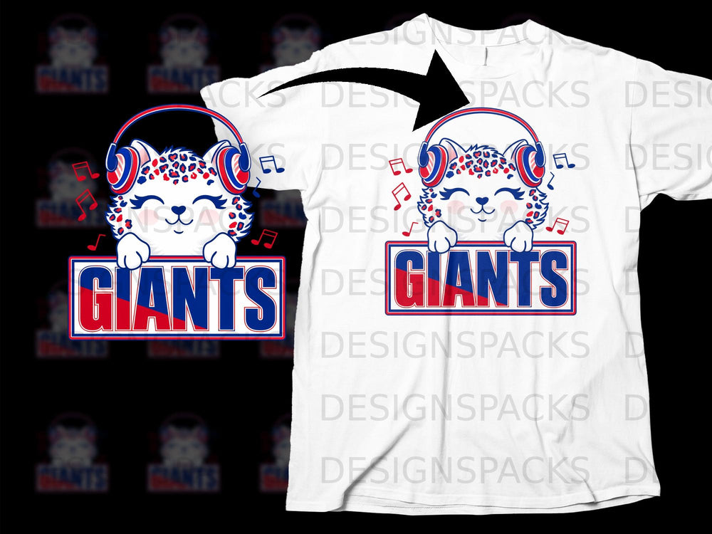 White t-shirt featuring a cartoon leopard with headphones and the word "GIANTS".