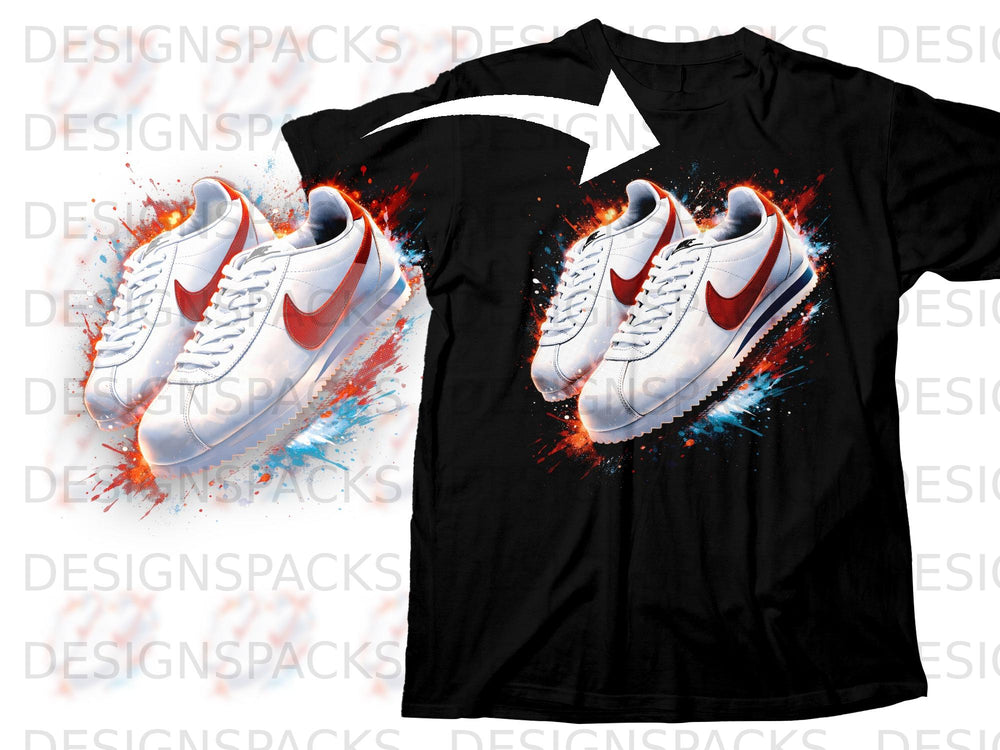 Black t-shirt with graphic of white Nike Cortez sneakers with red swoosh.