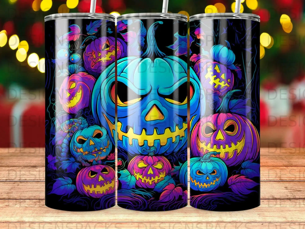Halloween pumpkins with glowing faces and dark forest background.