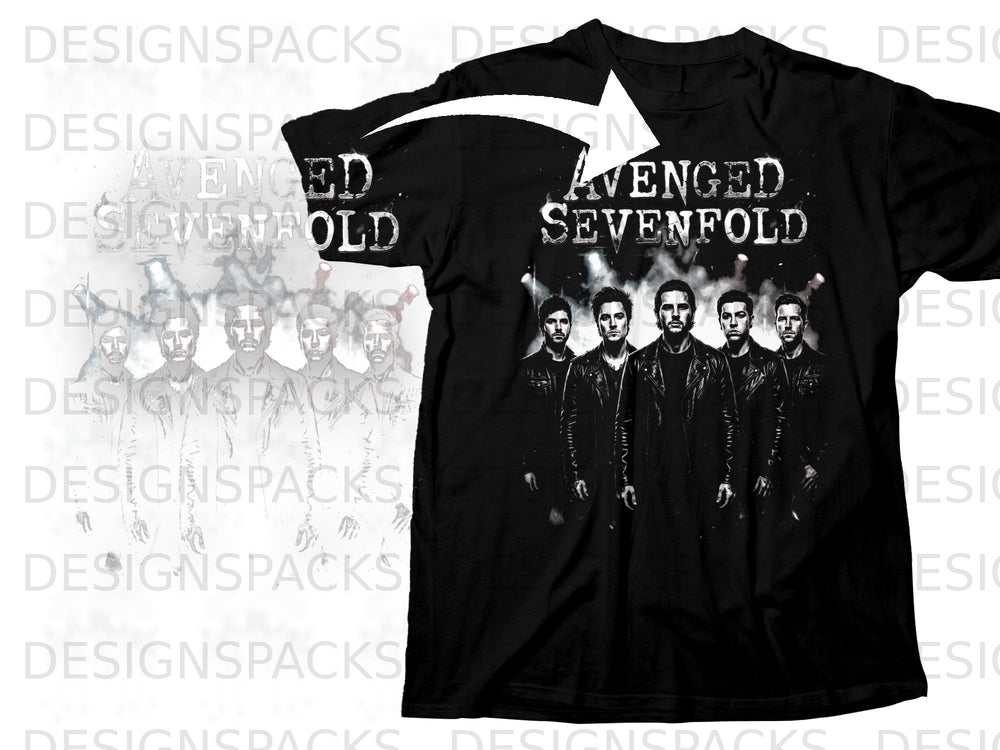Black t-shirt with "Avenged Sevenfold" band graphic and members.