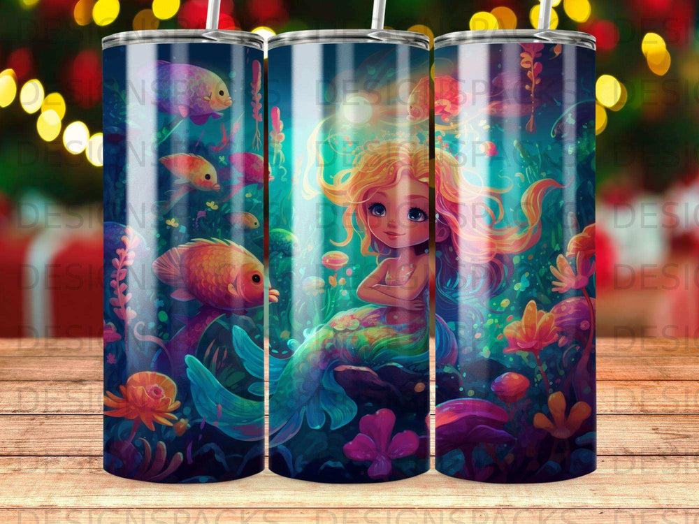 Cartoon mermaid with long blonde hair sits among colorful coral and fish.
