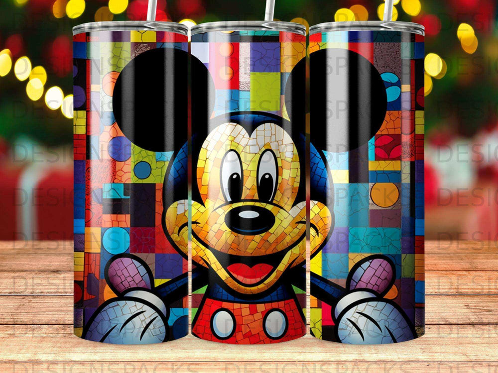 Mickey Mouse with colorful, mosaic-style background.