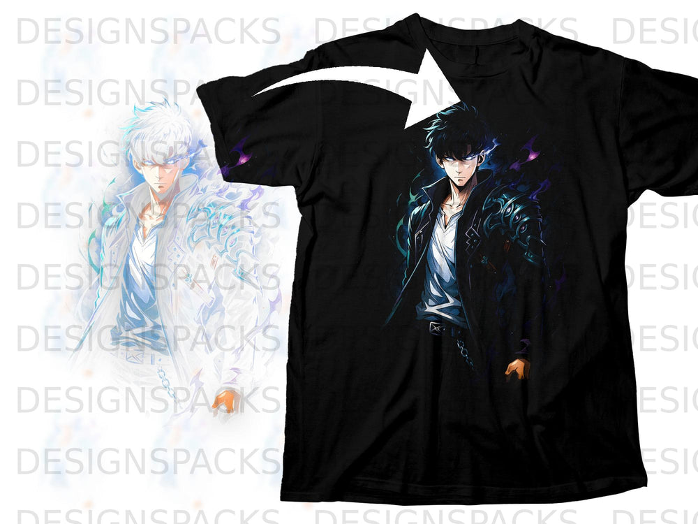 Black t-shirt with anime character illustration featuring a young man with dark hair and glowing blue eyes.