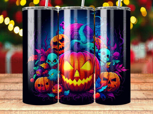 Halloween tumbler with jack-o'-lanterns, skulls, and colorful spooky elements.