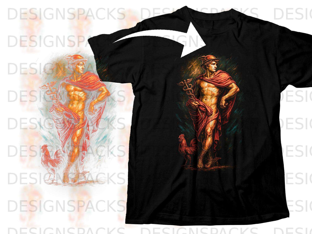 Black t-shirt featuring Roman god Mercury with a rooster and caduceus.
