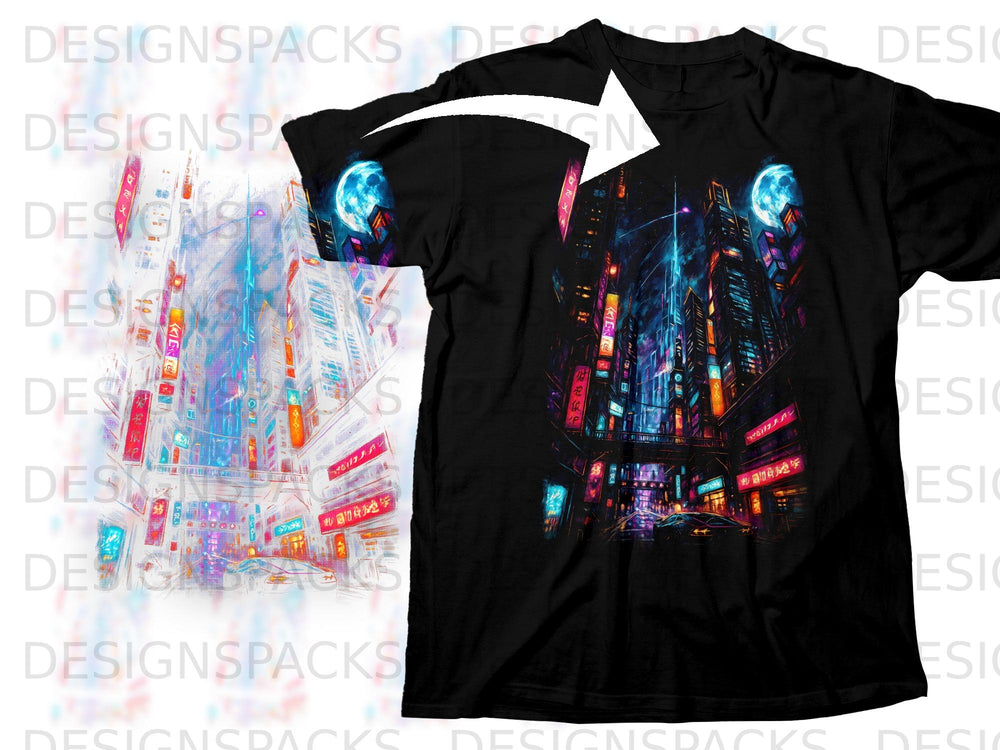 Black t-shirt with cyberpunk city, neon lights, and moon graphic.