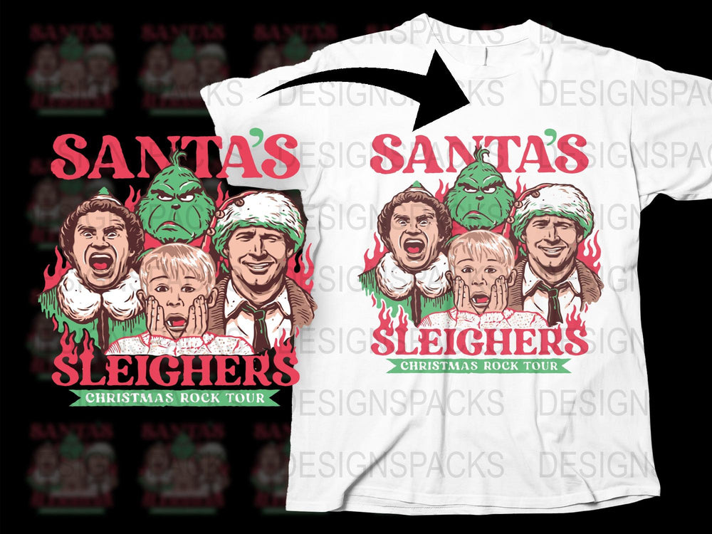 Santa's Sleighers T-Shirt Christmas Rock Tour Graphic Tee Unisex Holiday Festive Apparel