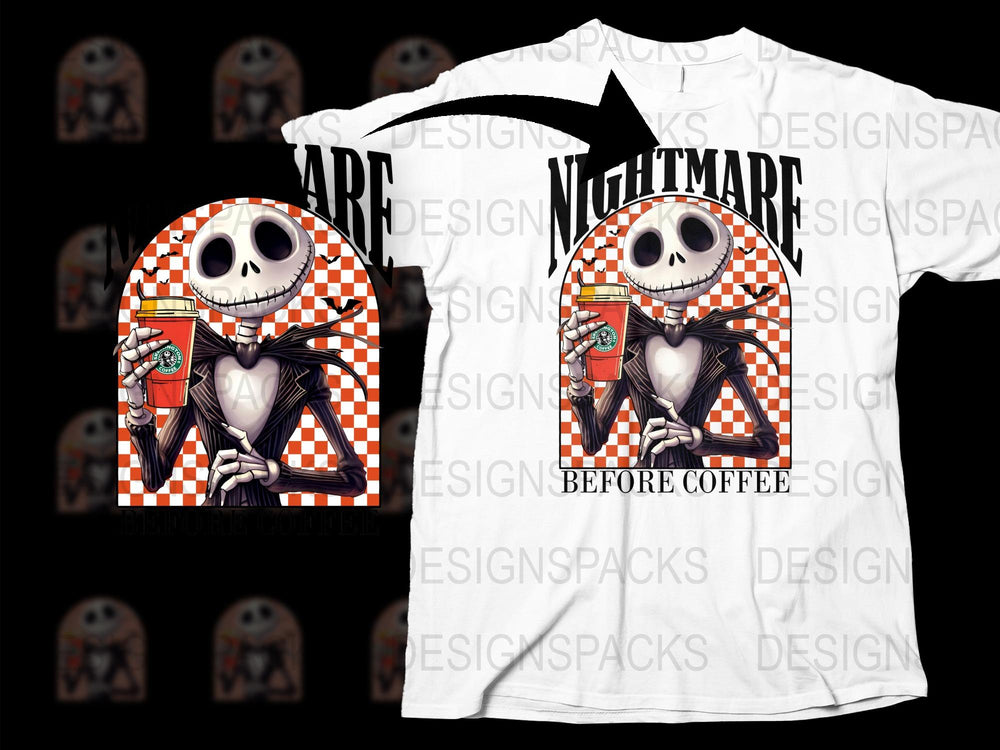 Nightmare Before Coffee T-Shirt, Funny Jack Skellington Graphic Tee, Halloween Inspired, Black and White Checkerboard, Unisex Clothing