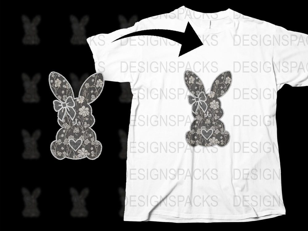 White T-Shirt with Lace Bunny Pattern, Floral Rabbit Design, Casual Spring Fashion Tee