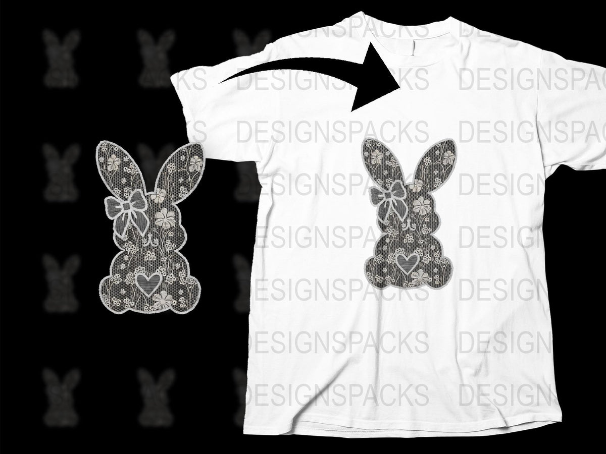 White T-Shirt with Lace Bunny Pattern, Floral Rabbit Design, Casual Spring Fashion Tee