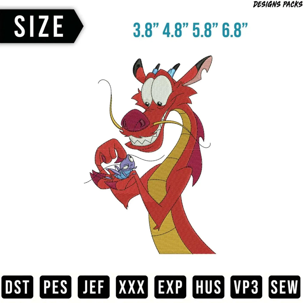 Mushu the dragon holding a small blue cricket from Disney's Mulan.