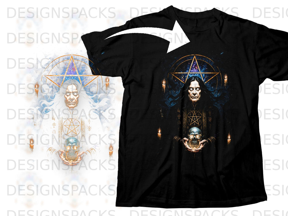 Black t-shirt with occult design featuring a man, pentagram, and skull.