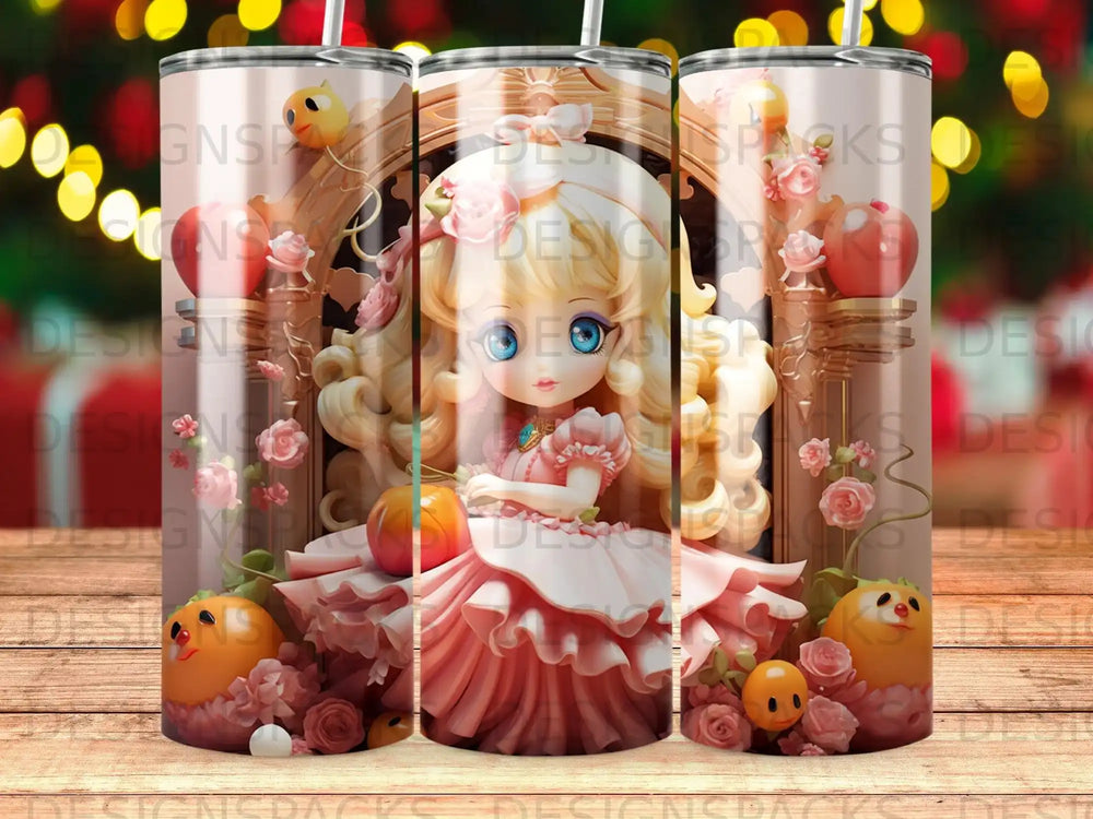 Pink tiered dress with bow on anime girl, surrounded by flower details.