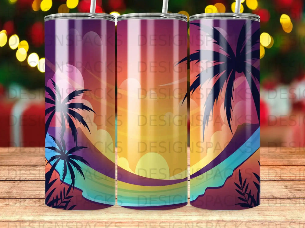 Tumbler with sunset palm tree design and "DESIGNSPACKS" watermark.