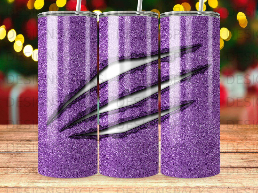 Purple glitter tumbler with black claw marks.