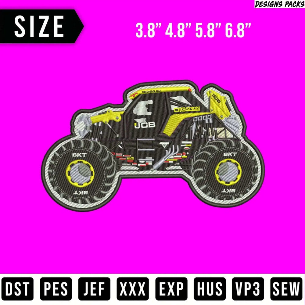 Yellow monster truck embroidery design with sizes and file formats.