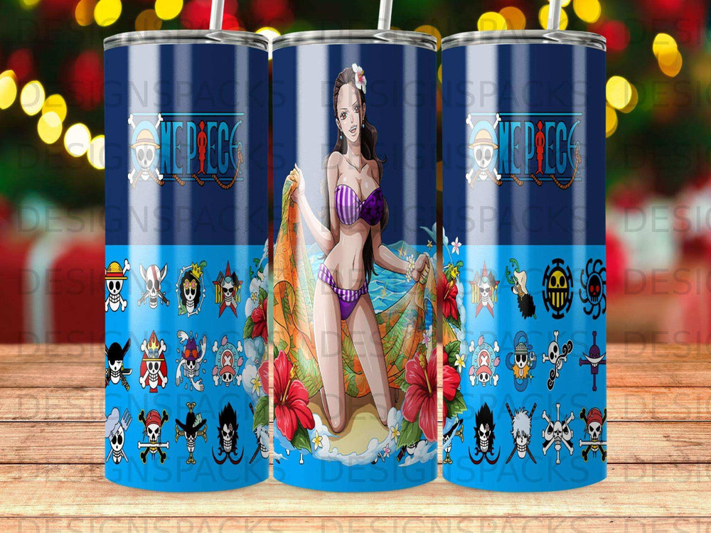 Nami from One Piece in a bikini, surrounded by pirate symbols, on a blue tumbler.