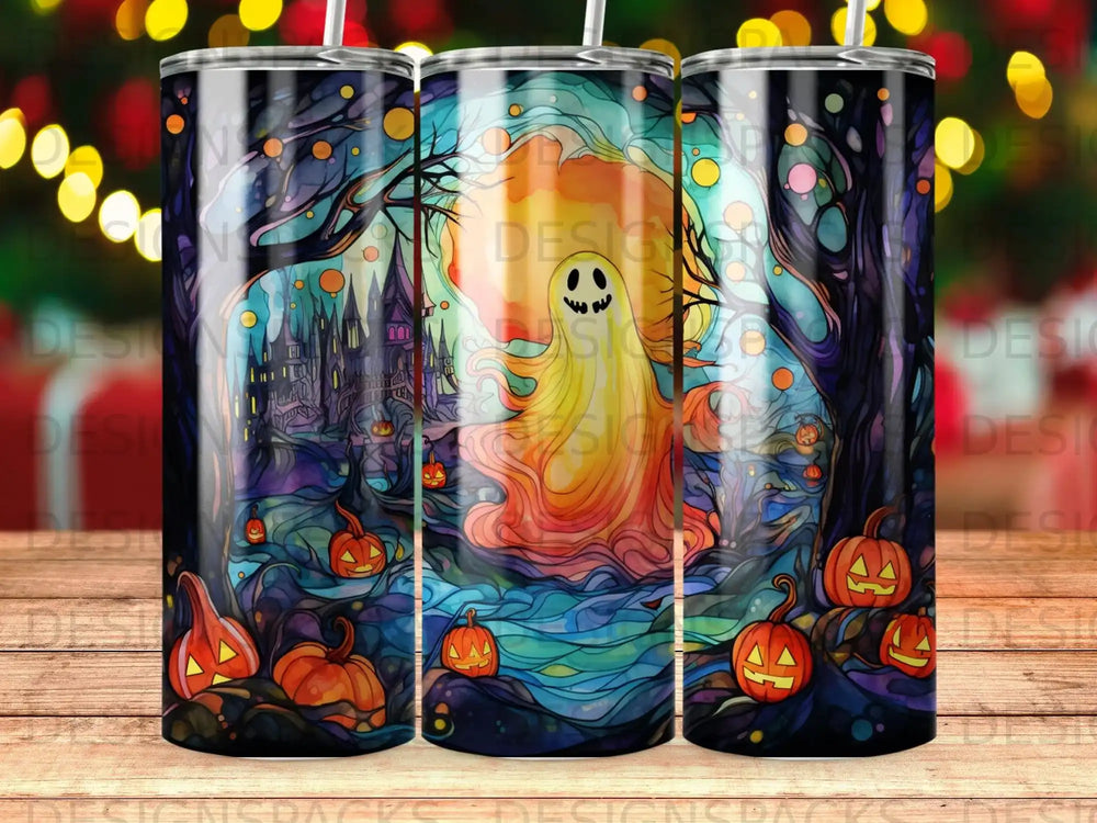Halloween ghost and pumpkins in spooky forest scene.