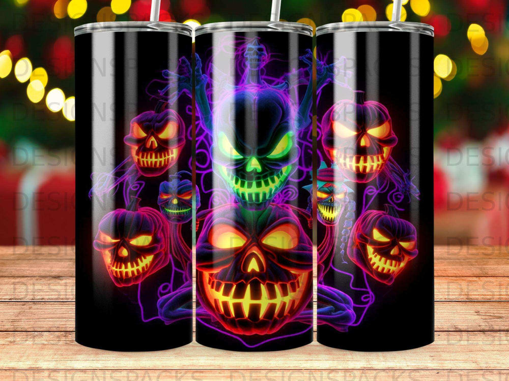 Neon skulls and pumpkins with glowing eyes on a black background.