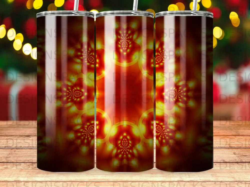 Three tumblers with glowing orange and yellow fractal patterns.