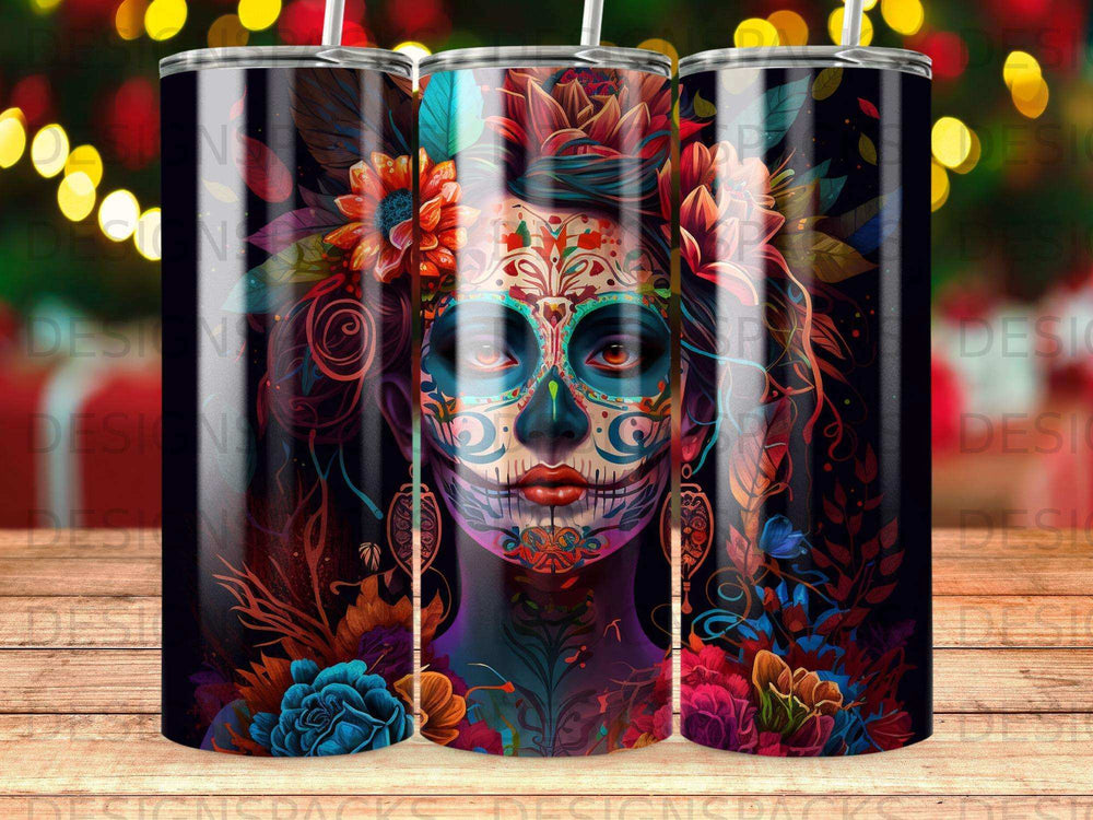 Sugar skull woman with colorful floral headdress and ornate makeup.