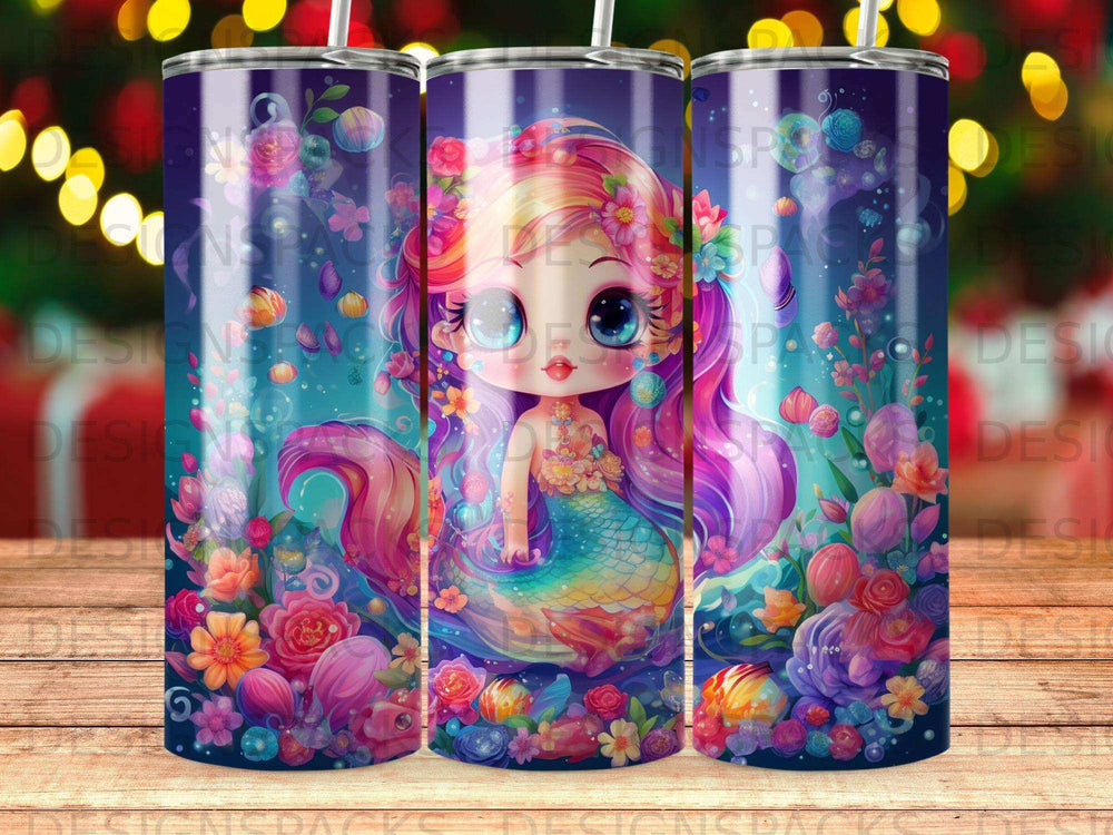 Mermaid with colorful tail and flowers, cartoon style, surrounded by marine life.