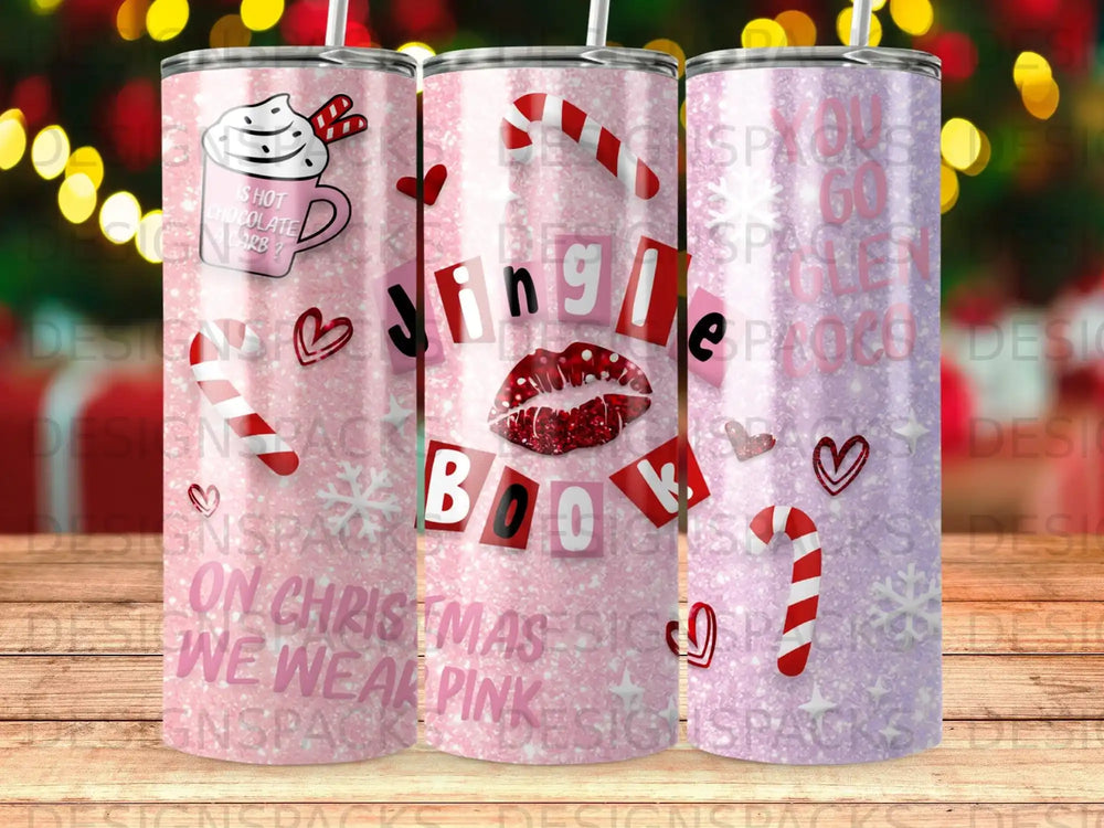 Three tumblers: one with hot chocolate, one with "Jingle Book" text, one with "Go Ugly" text.