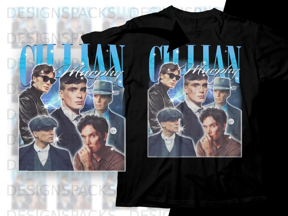 T-shirt featuring Cillian Murphy in a vintage style collage with "Murphy" text.