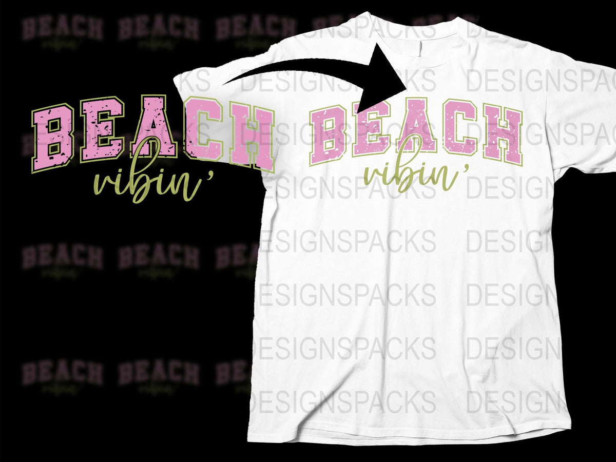 Beach Vibin' T-Shirt, Summer Casual Fashion, Pink Text Graphic Tee, Tropical Vacation Shirt