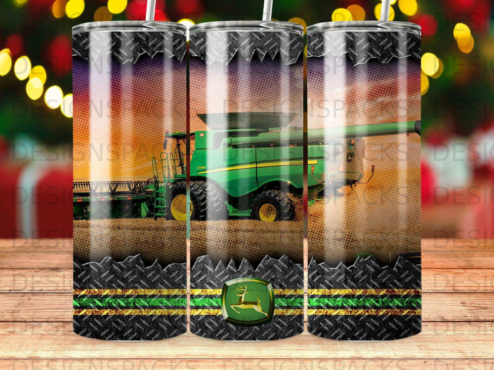 John Deere combine harvester in a field with textured background.