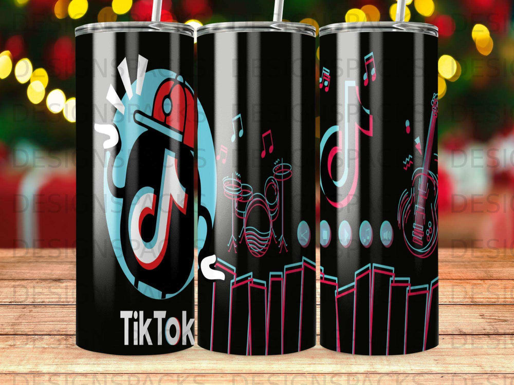 TikTok logo with musical instruments and cityscape on a black tumbler.
