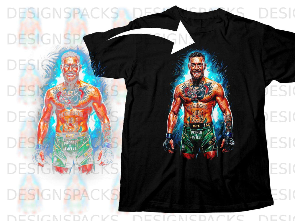 Black t-shirt featuring artwork of Conor McGregor in UFC shorts.