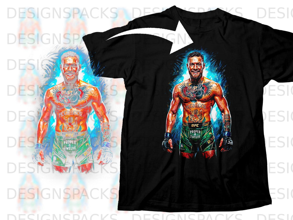Black t-shirt featuring artwork of Conor McGregor in UFC shorts.
