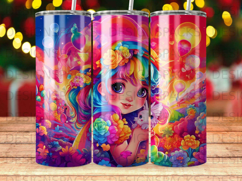 Colorful cartoon girl with flowers and bunny on a tumbler.