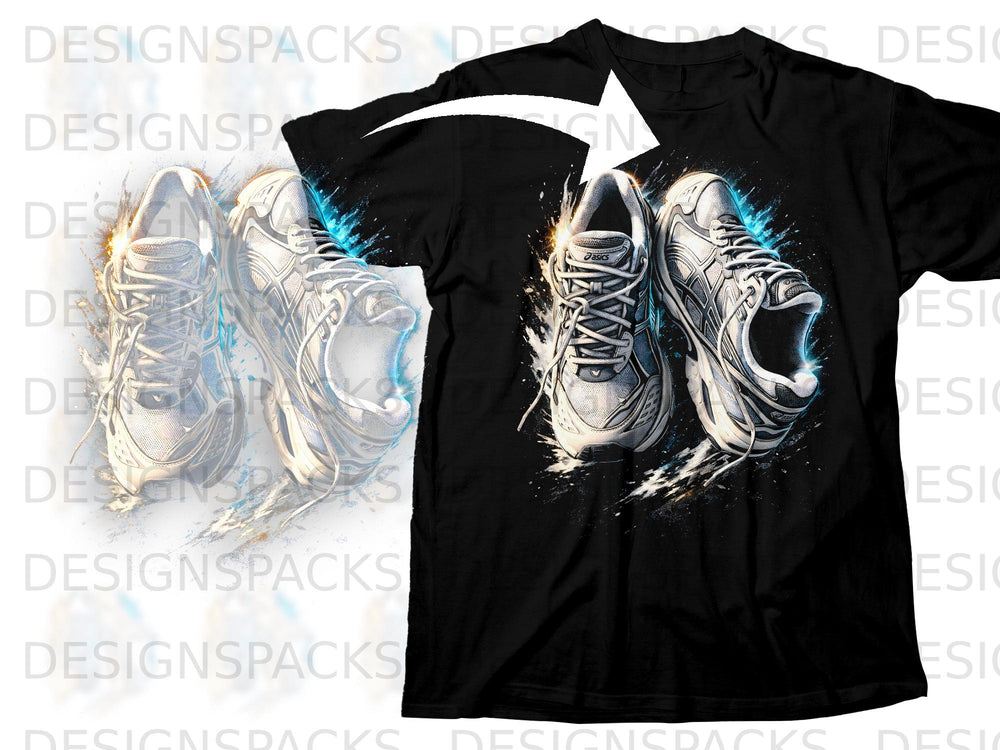 Black t-shirt featuring a graphic of two white running shoes with a splash effect.
