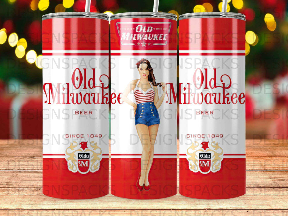 Two Old Milwaukee beer tumblers with red and white stripes and logos.