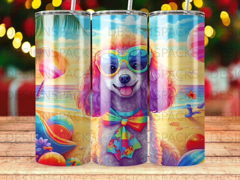 Colorful poodle wearing sunglasses and bowtie on a beach background.