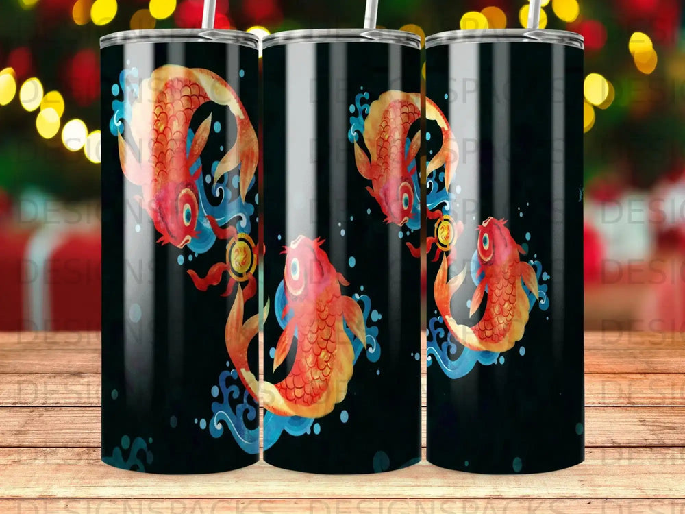 Three colorful koi fish swim on a black tumbler with wavy blue water patterns.
