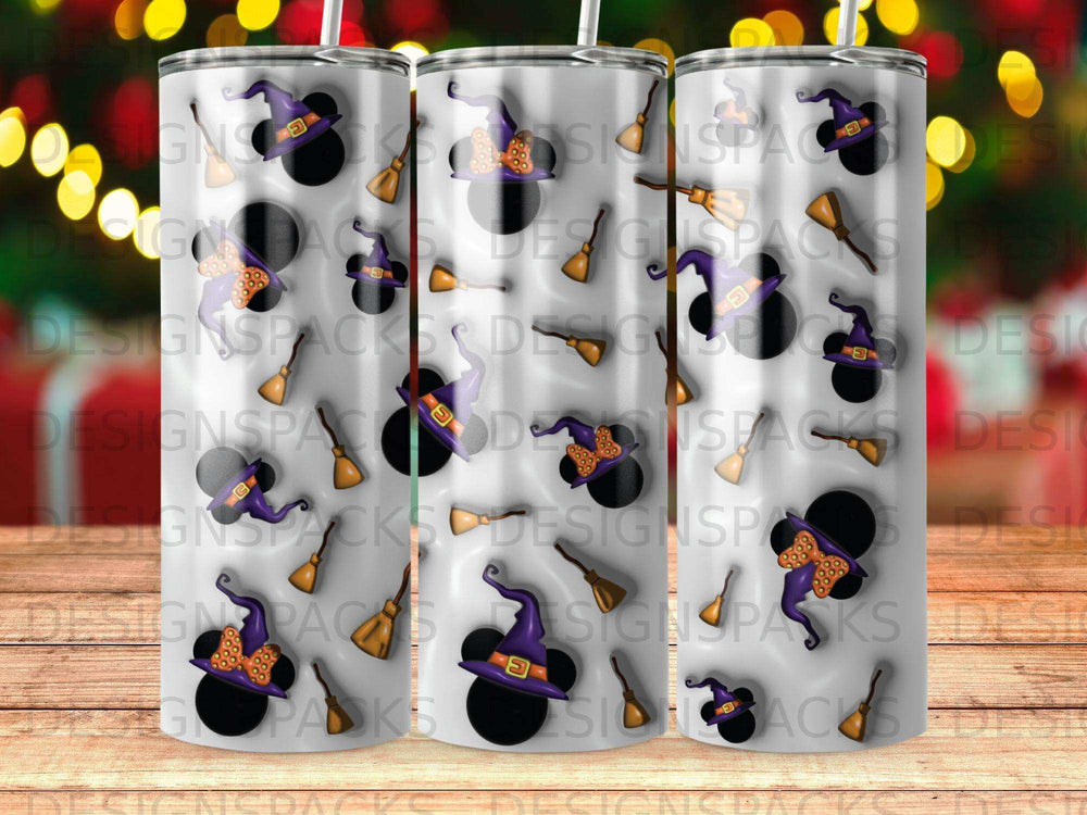 Tumbler with Mickey Mouse witch hats, broomsticks, and spooky pattern.